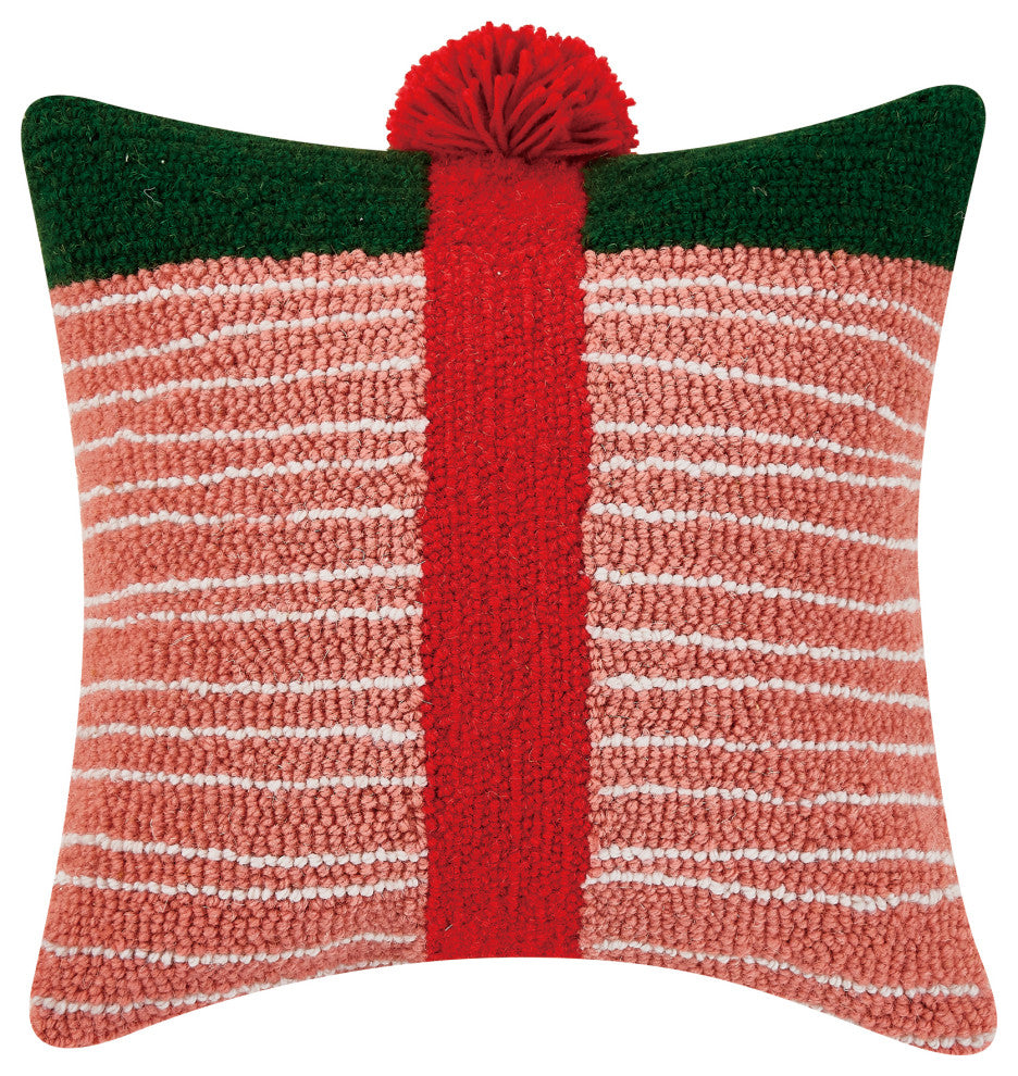 Pink Green Striped Gift W/Pom Pom Hook Pillow
