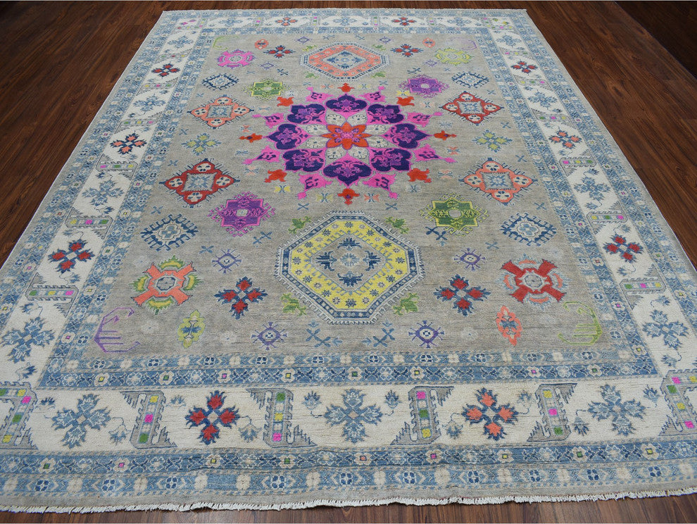 Colorful Fusion Kazak Geometric Design Pure Wool Hand-Knotted Rug, 9'2"x11'7"