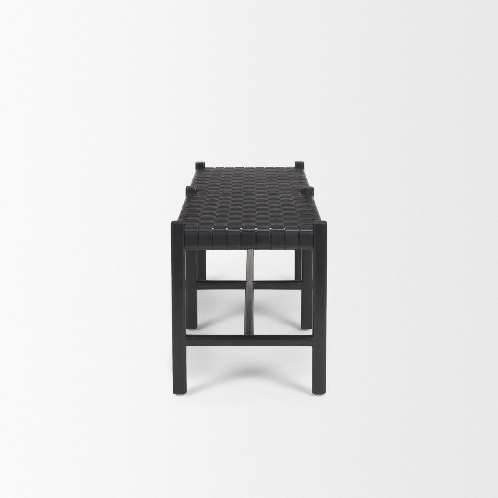 Shane Black Wood With Woven Black Leather Bench
