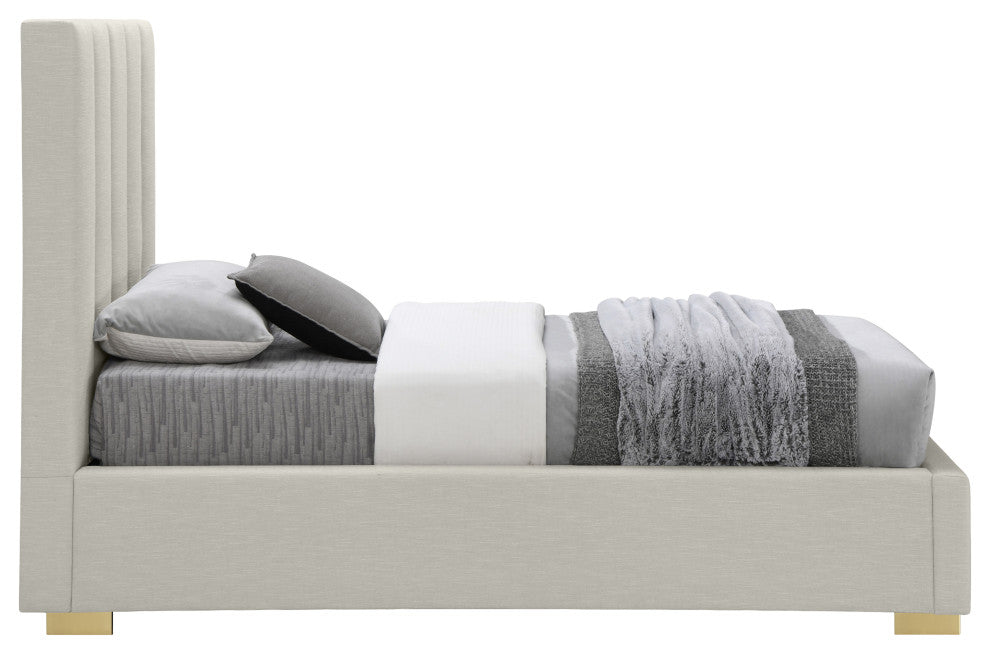 Pierce Linen Textured Fabric Upholstered Bed, Beige, Twin