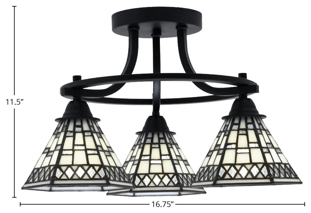 Paramount 3-Light Semi-Flush Light, Matte Black, 7" Pewter Art Glass
