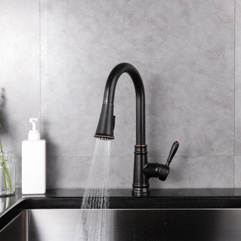 Single Handle High Arc Pull Out Kitchen Faucet in Oil Rubbed Bronze Finish