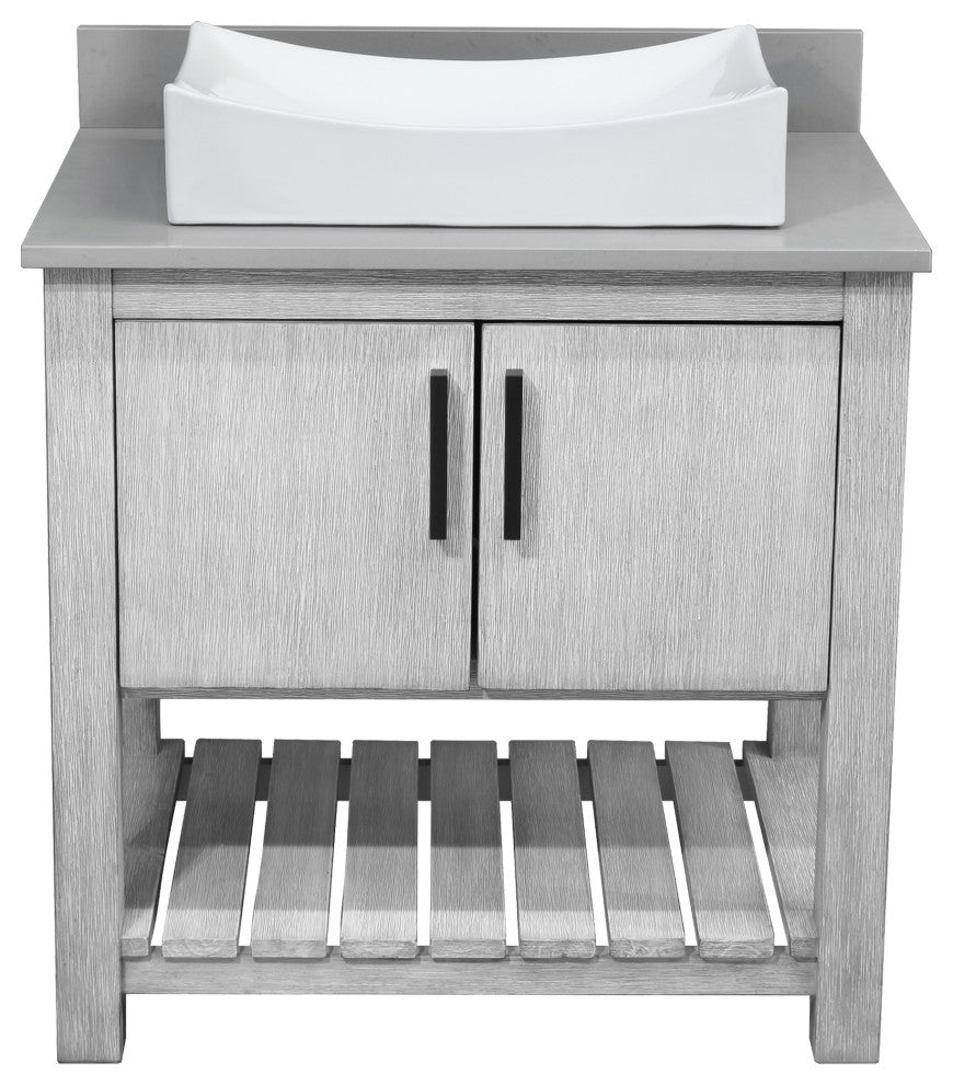 30" Vanity, Smoke Grey Quartz Top, Backsplash, Sink, Drain, and P-Trap, Matte Black, Mirror Included
