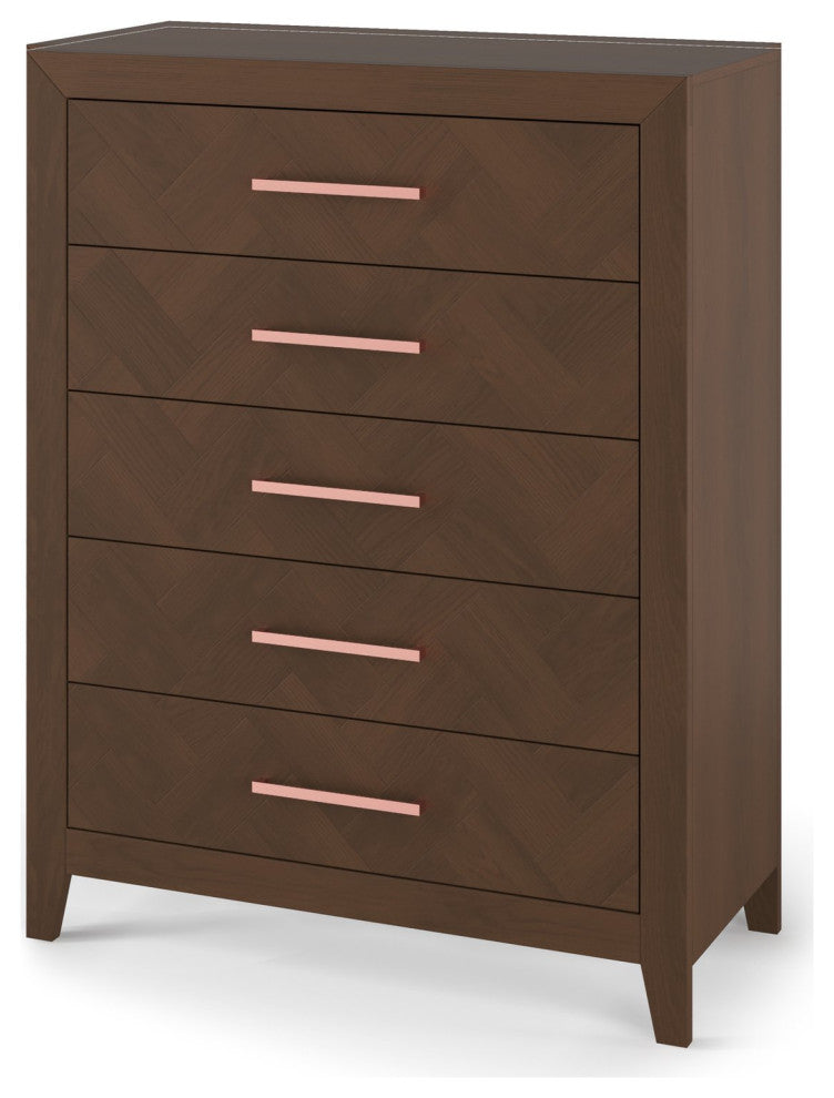 Modern Vertical Dresser, 5 Drawers With Elongated Metal Pulls, Toasted Chestnut