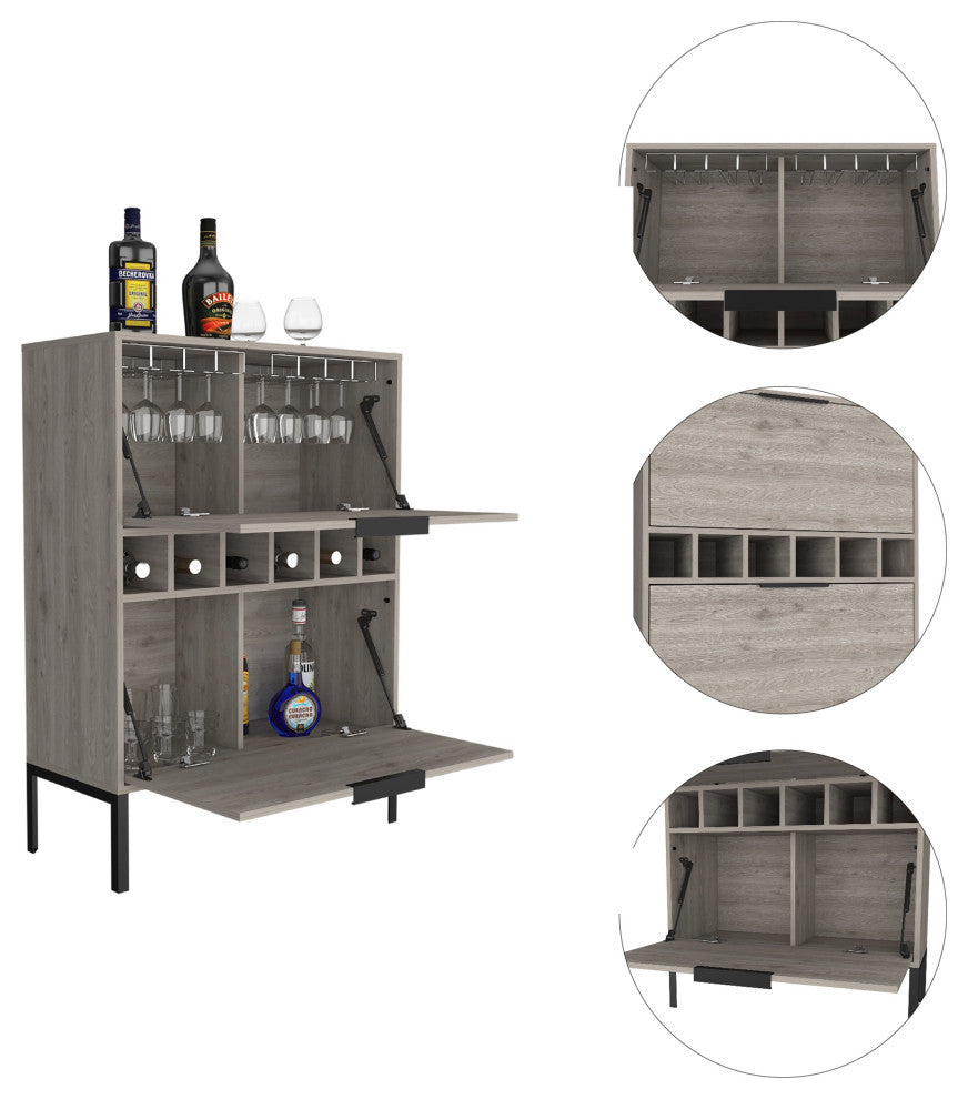 Rowan Bar Cabinet with 6 Wine Cubbies, Glass Rack, and Inner Shelves, Light Gray