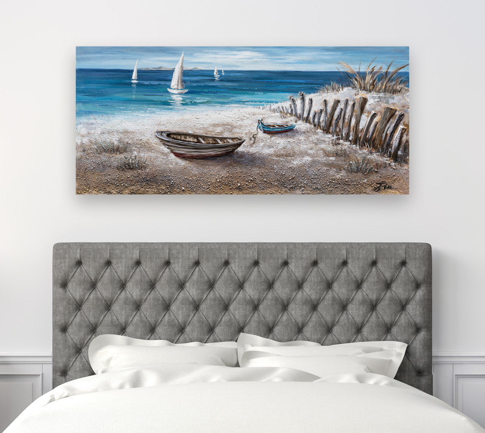 "Boats on the Sand" Hand Painted Canvas Art, 55"x27.5"