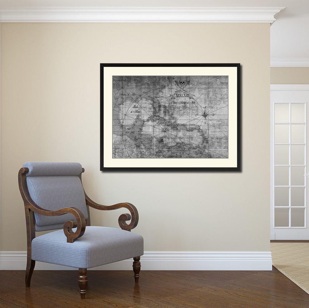 Caribbean Vintage Map Print On Canvas With Black Custom Frame, 16" X 21"