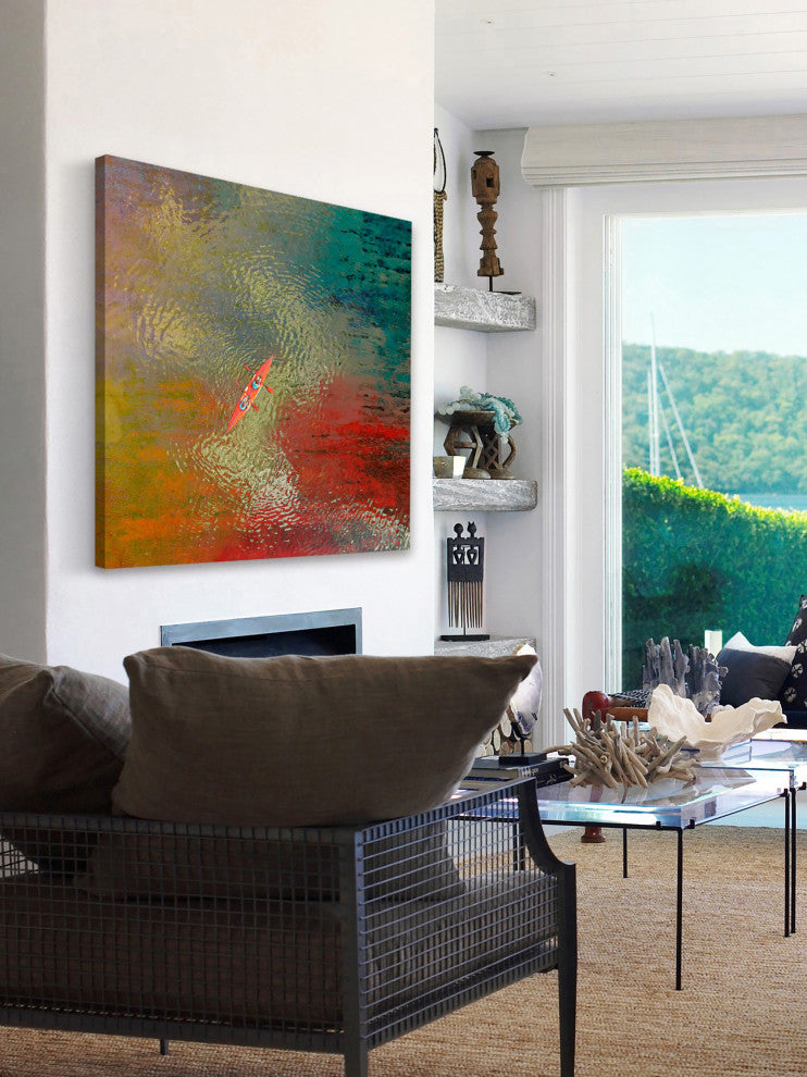 "Red Kayak" Painting Print on Wrapped Canvas, 24"x24"