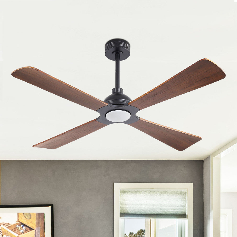 56" 4-Blade Solid Wood Ceiling Fan with LED Light and Remote Control, Black/Walnut