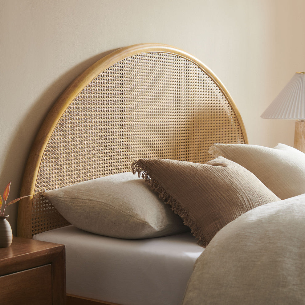 Odette Queen Arched Rattan Cane Platform Bed, Oak