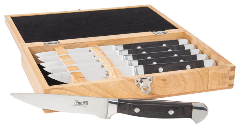 6 Piece Steak Knife Set, Rubberwood Box, Black Paccawood Handle