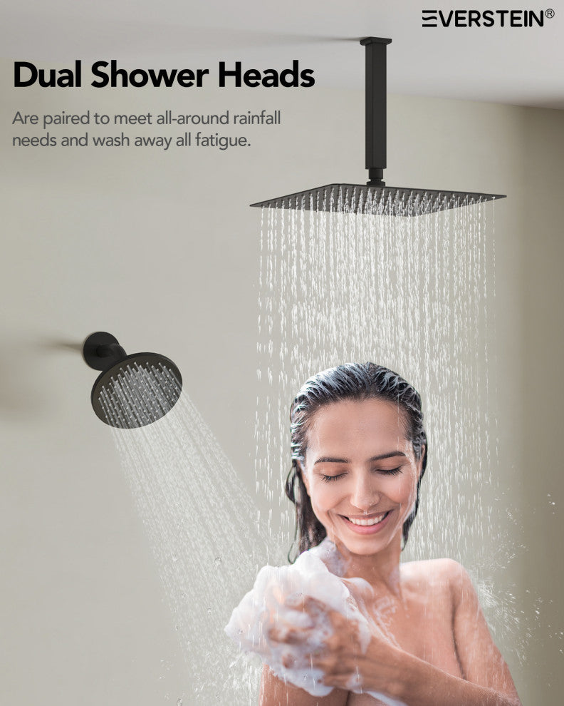 Themostatic Shower System 12" High-Pressure Dual Heads, Matte Black