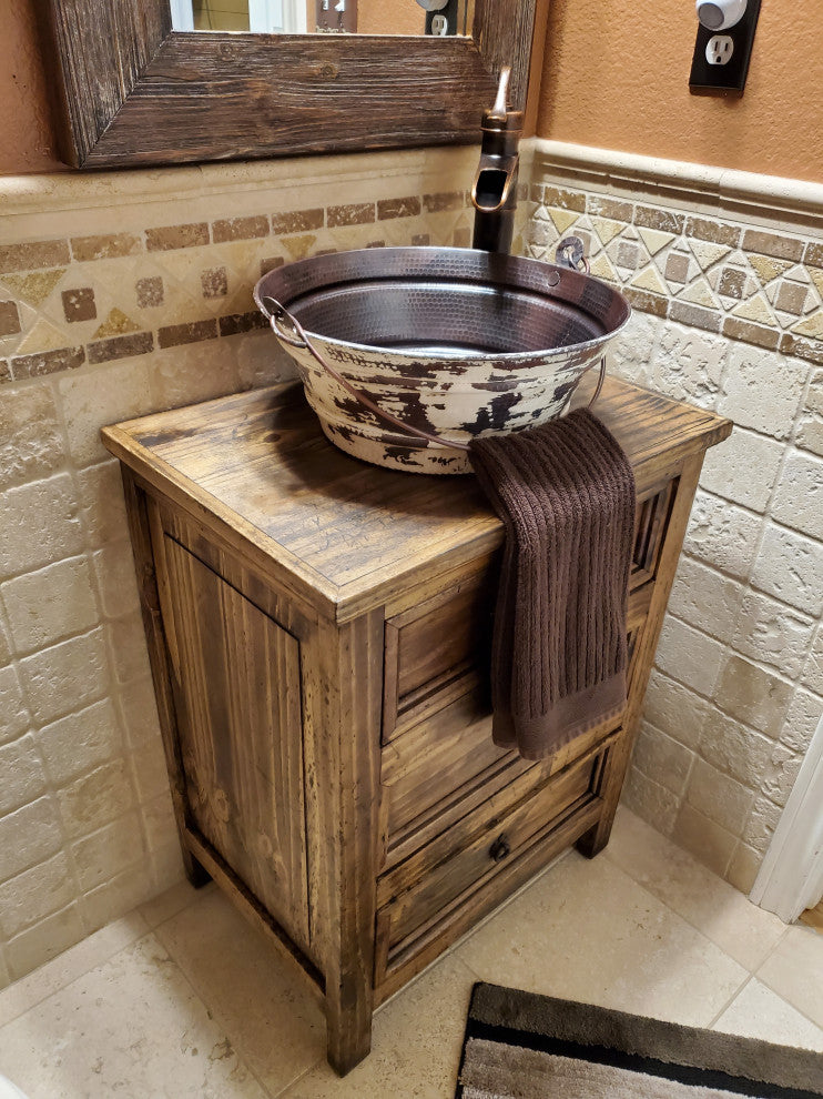 Vintage Hand Hammered Copper Bucket Vessel Sink with Antique White Exterior