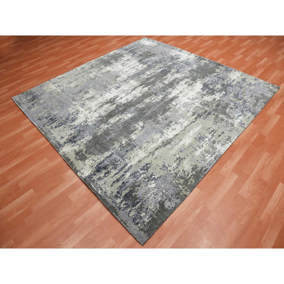 Charcoal Gray Wool and Silk Denser Weave Hand Knotted Square Rug, 8'0"x8'2"