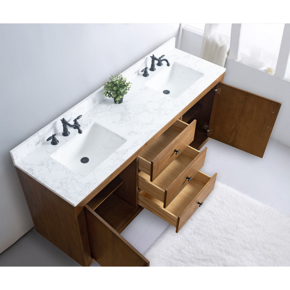 Vanity Art Bathroom Vanity With Sink, Tan, 72" Double, Arabescato White Engineered Marble Top