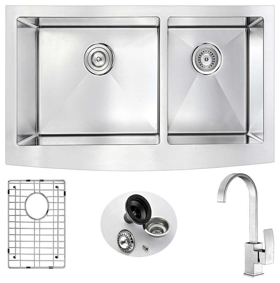 Elysian Farmhouse 36" Double Bowl Kitchen Sink, Opus Faucet, Brushed Nickel