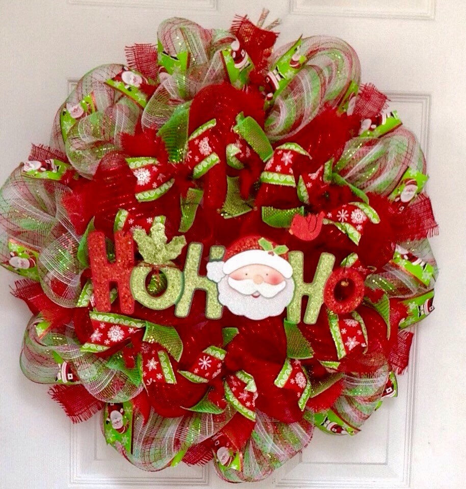 Santa Ho Ho Ho Christmas Wreath Handmade Deco Mesh With Cardinal And Tiny Bells