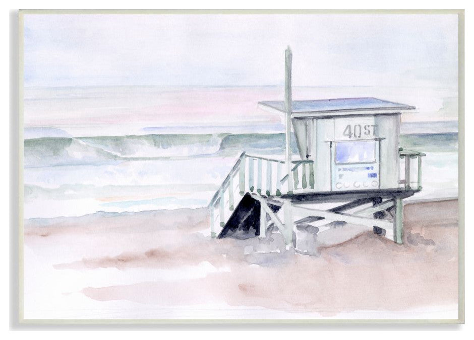 Beach Coast Ocean Shack Pink Watercolor Painting, 12"x18"