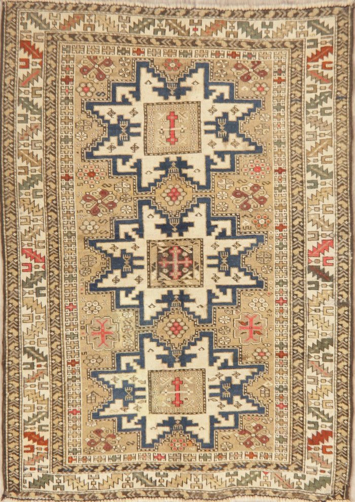 Consigned, Southwestern Antique Traditional Handmade Area Rug, Beige, 4x5