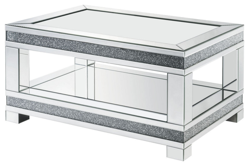 Benzara BM252335 Coffee Table With Open Shelf and Mirror Panels, Silver