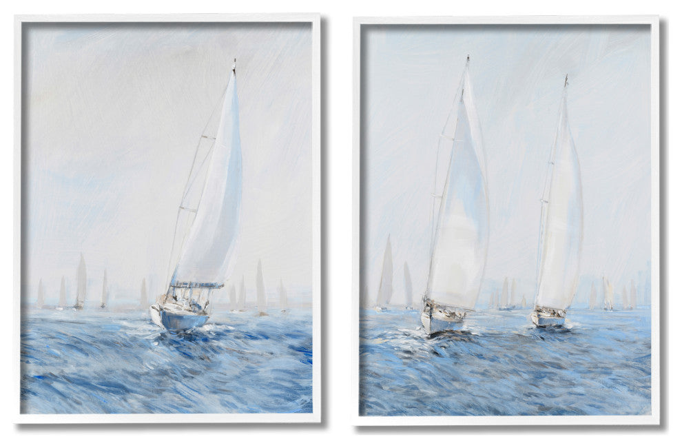 Serene Sailboats Floating Cloudy Sea Sky Painting, 2pc, each 11 x 14