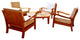Teak Outdoor 4 Sofa Chair, Round Coffee Table, Canvas Chestnut Sunbrella Cushion