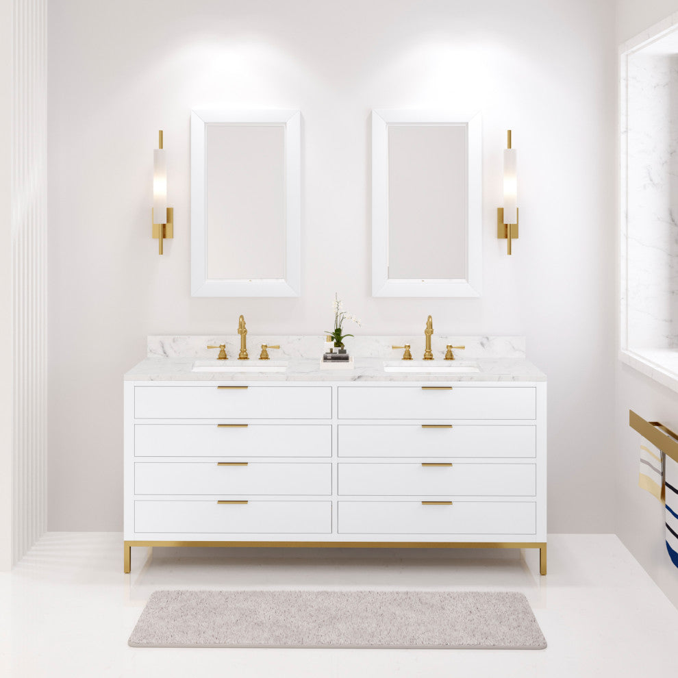 Bristol 72" Marble Countertop Vanity, White With Hook Faucet