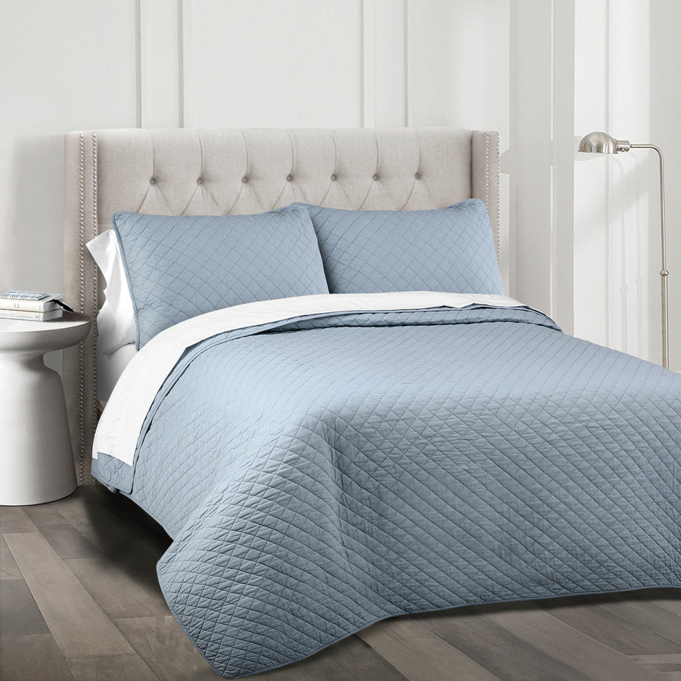 Ava Diamond Oversized Cotton 3-Piece Quilt Set, Blue, King