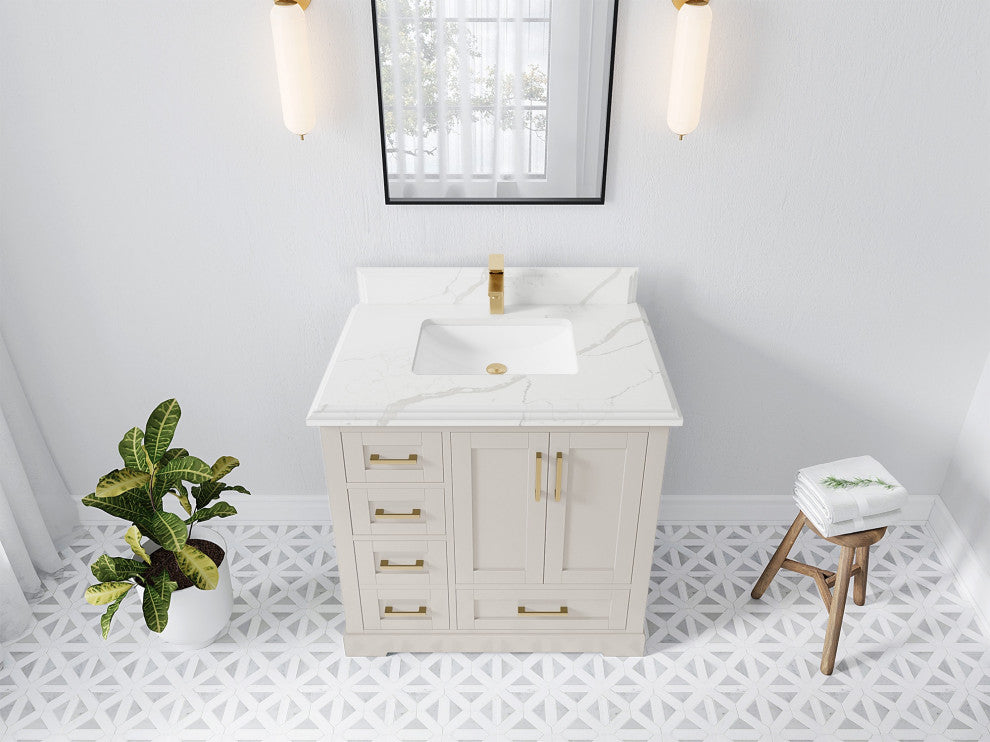 Boston 36" Center Sink Bath Vanity in Fine Grain 1.5" Calacatta Laza
