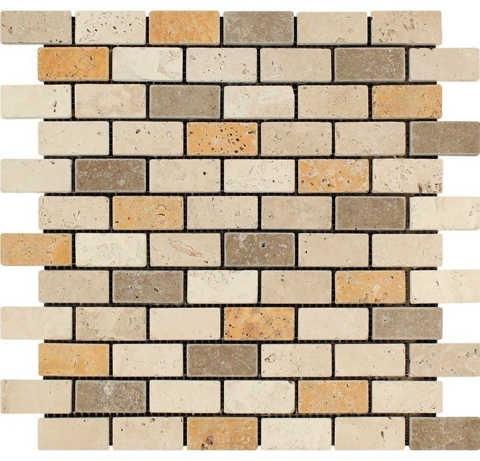 1 X 2 Mixed Travertine Tumbled Brick Mosaic Tile
