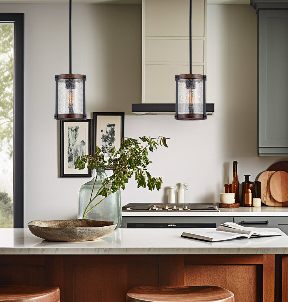 Kira Home Hadley 9" Farmhouse Pendant Light, Crackled Glass Shade, Wood Style