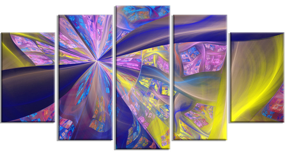 Purple Yellow Fractal Curves, Contemporary Canvas Art Print, 60"x32", 5 Panels