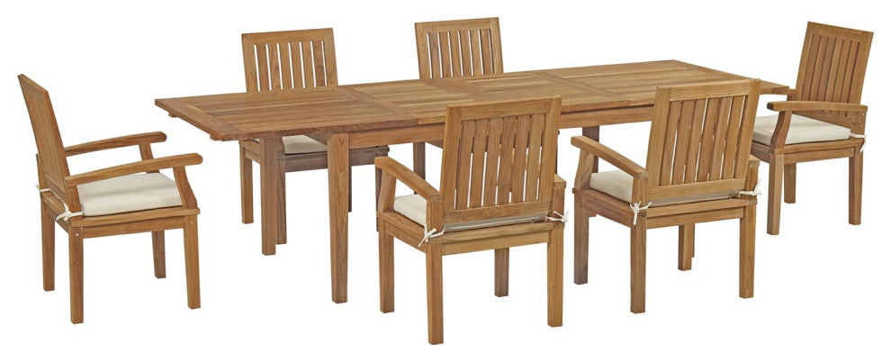Marina 7 Piece Outdoor Patio Teak Outdoor Dining Set, Natural White