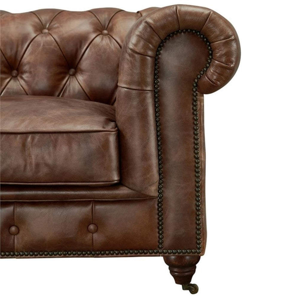 Crafters and Weavers Top Grain Vintage Leather Chesterfield Sofa Bark Brown