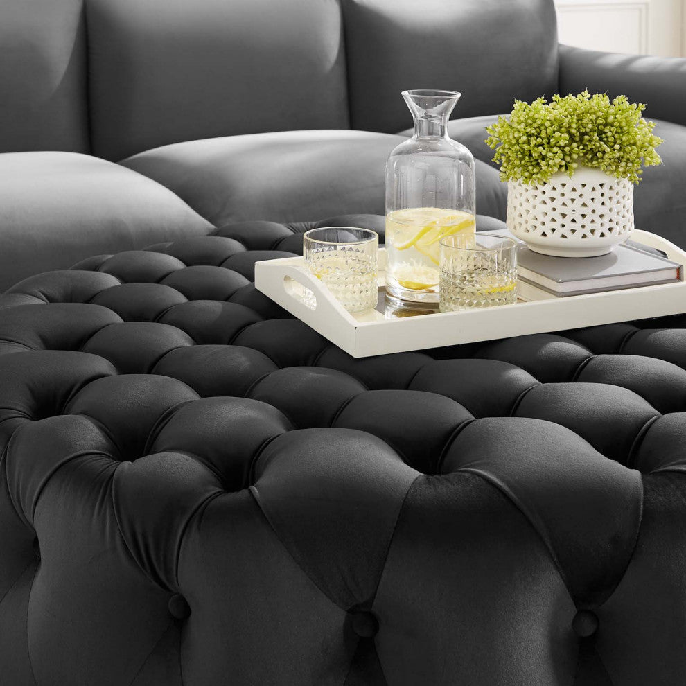 Round Ottoman Accent Tufted Chair, Black, Velvet, Modern, Lounge Hospitality