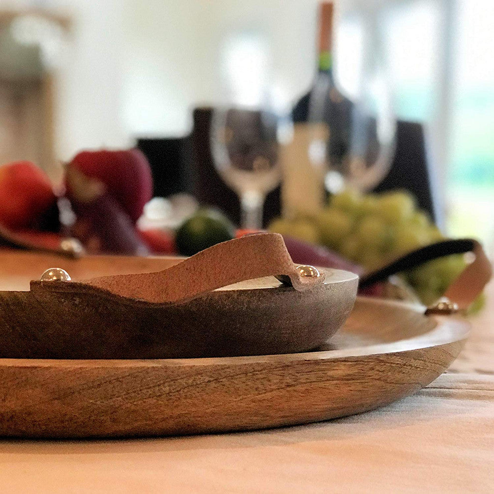 2 Piece Mango Round Board Servers with Leather Handles