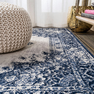 Rosalia Cottage Medallion Area Rug, Dark Blue/Ivory, 2'x8'