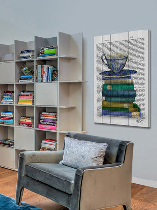 "Teacup and Books" Painting Print on White Wood, 24"x36"