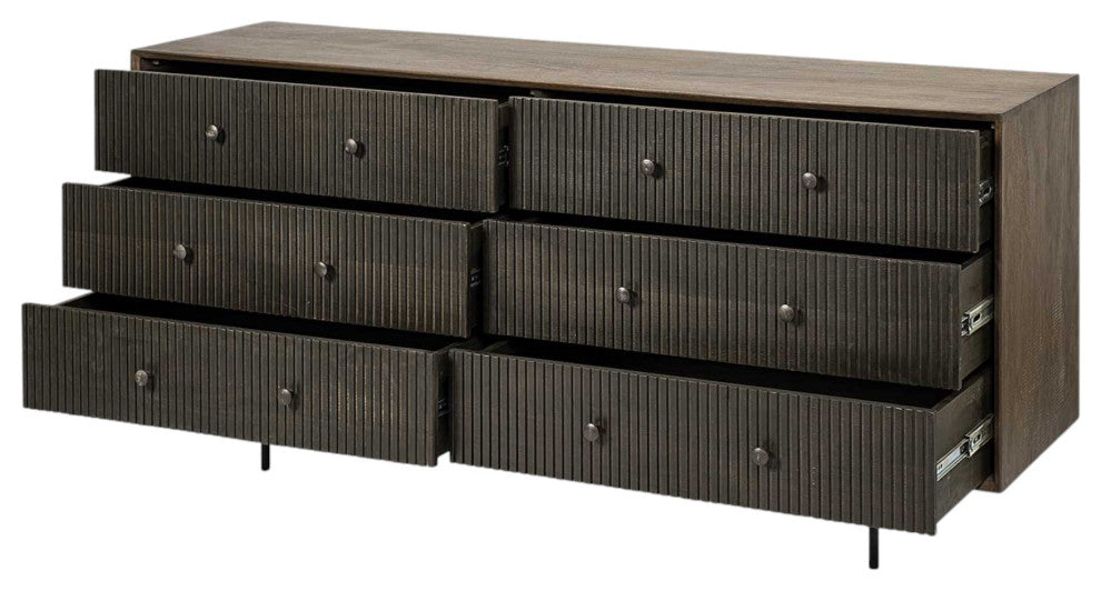 70" Brown and Black Solid Wood Six Drawer Sideboard