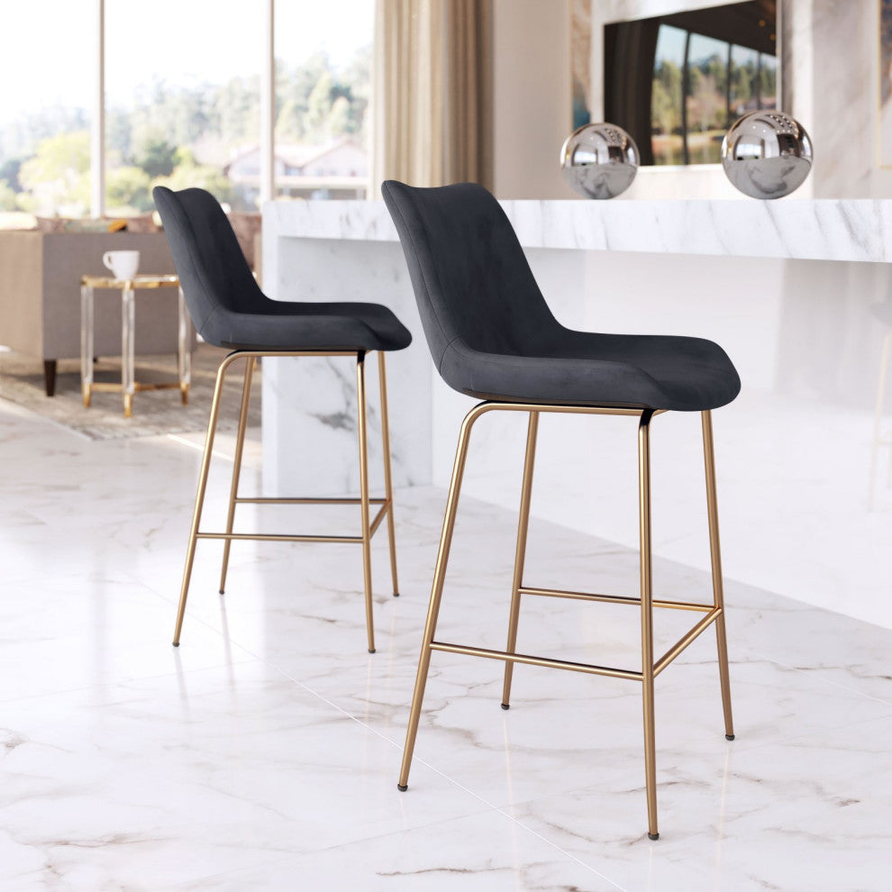 Counter Stool Chair, Steel Metal, Fabric, Black, Gold, Bar Kitchen Cafe Bistro