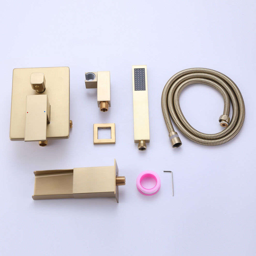 Modern Wall Mounted Dual Handle Bathtub Faucet with Hand Shower, Brushed Gold