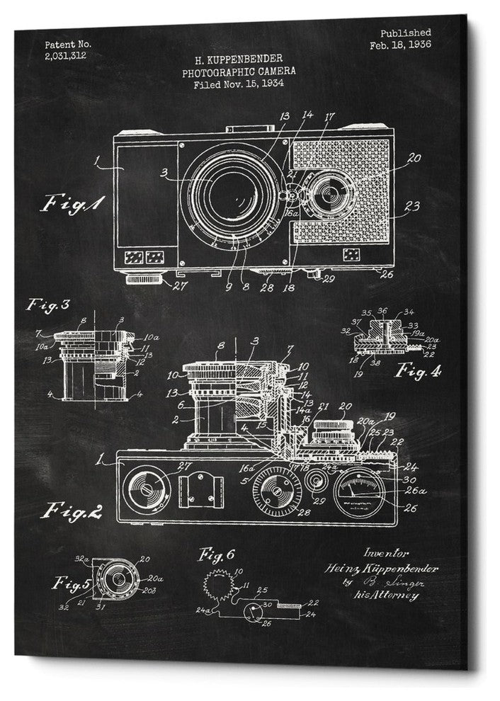 Epic Graffiti "Camera, 1936 Blueprint Patent Chalkboard" Giclee Canvas, 26"x40"