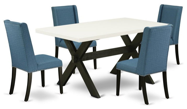 5-Piece Set Linen White Wood Table Top and 4 Linen Fabric Chairs, Black