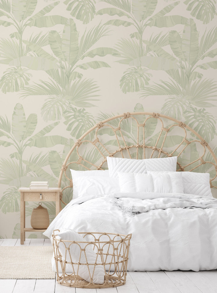 Oceanside Palm Leaves Vinyl Peel and Stick Mural, Green, 24"x108", Single