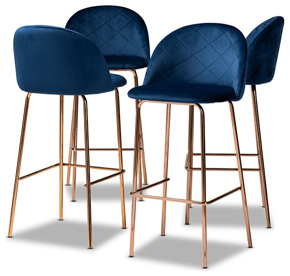 Navy Blue Velvet Fabric Upholstered and Rose Gold 4-Piece Bar Stool Set