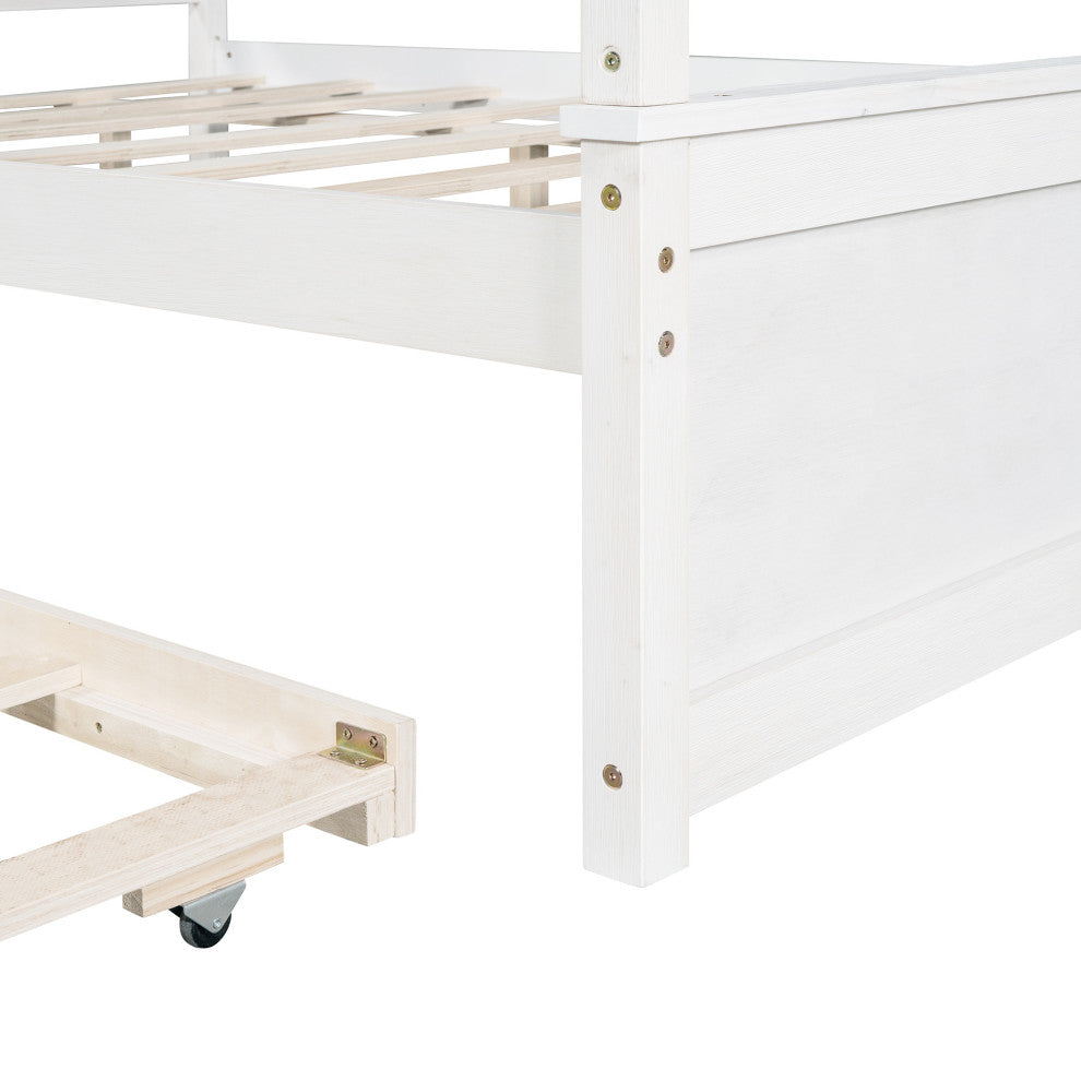 Full Wood Frame Canopy Platform bed with Trundle Bed, White, Full