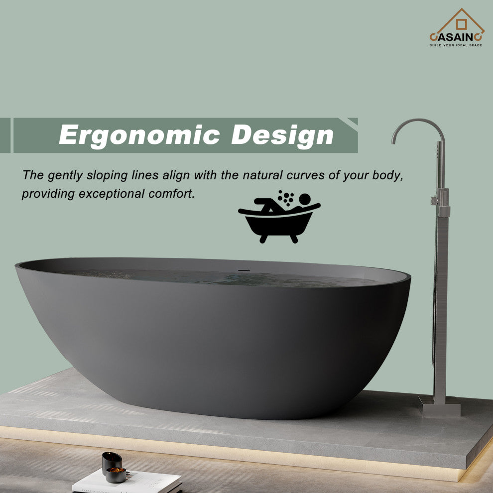 67in Solid Surface Freestanding Bathtub in Matte Black, Matte Grey