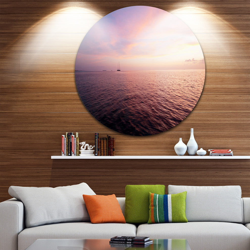 Purple Cloudy Seascape View, Modern Beach Disc Metal Wall Art, 11"