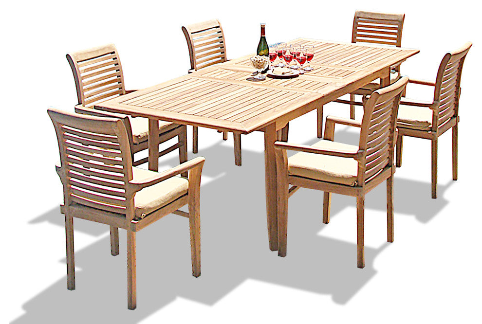 7-Piece Outdoor Teak Dining Set: 94" Rectangle Table, 6 Mas Stacking Arm Chairs