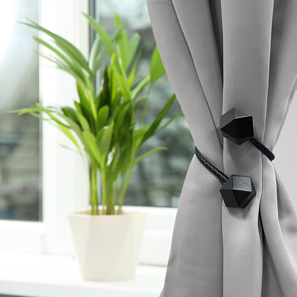 Faux Leather Curtain Tiebacks with Wooden Tips "“ No Installation Needed, Black, Pack of 1